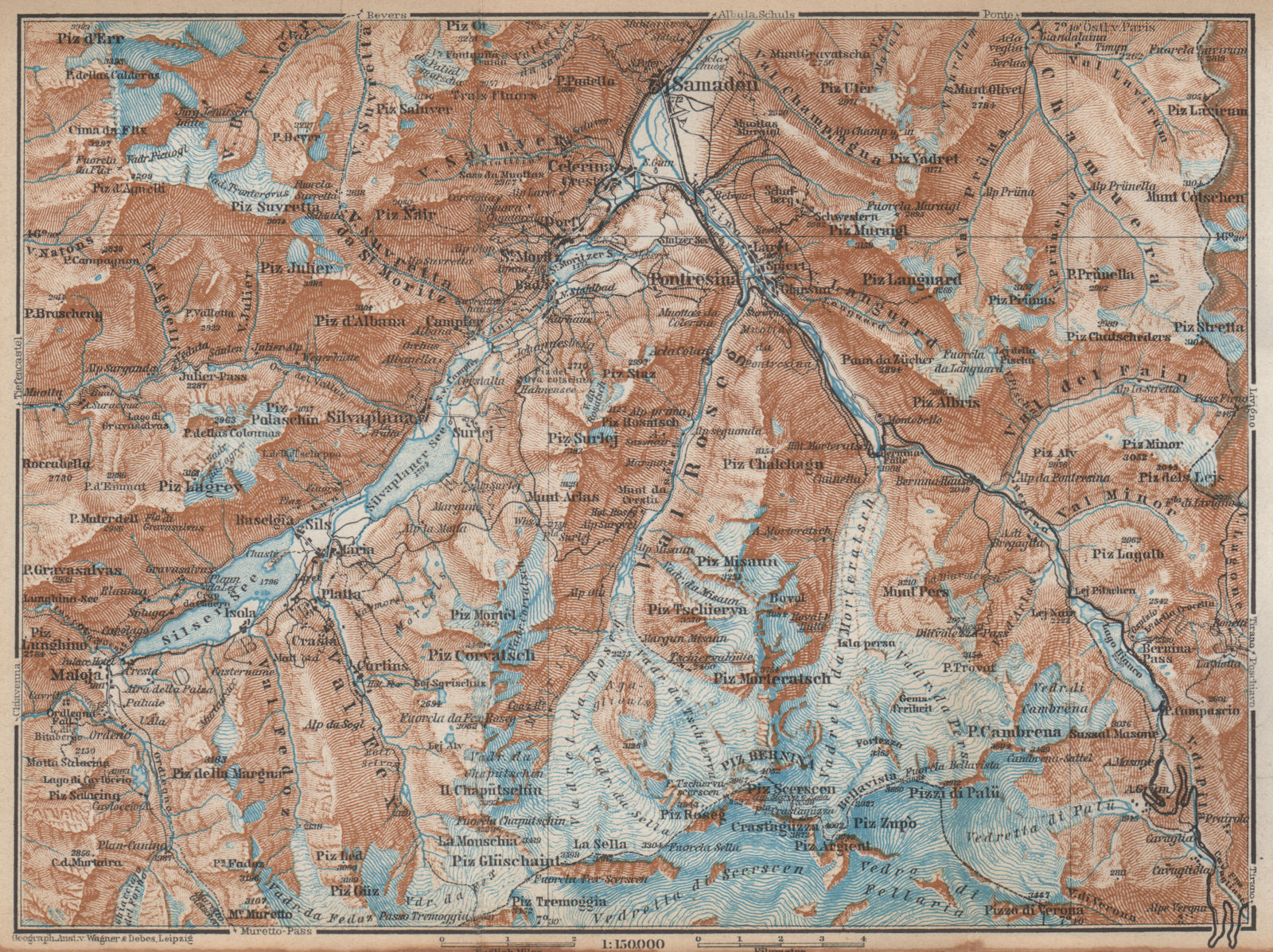 UPPER ENGADINE. St Moritz Celerina Pontresina Sils-Maria Bernina Range 1938 map